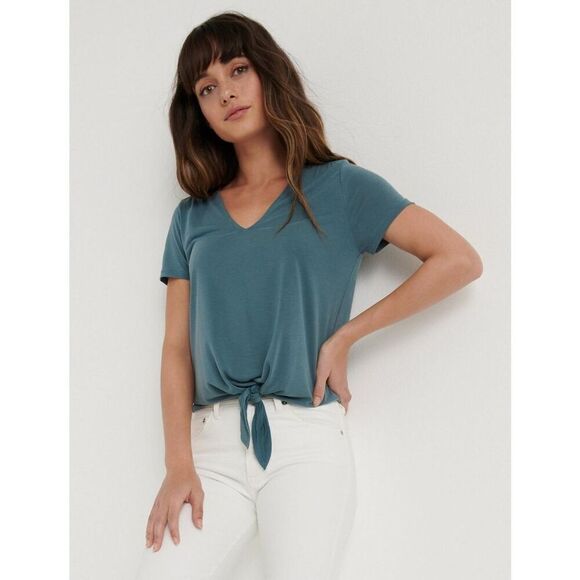 Lucky Brand Sandwash Vneck Tie Front Top - Picture 1 of 10
